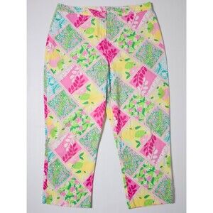 VTG Lilly Pulitzer White Label Crop Pants Pink Patchwork Lemon Lime Women Sz. 12